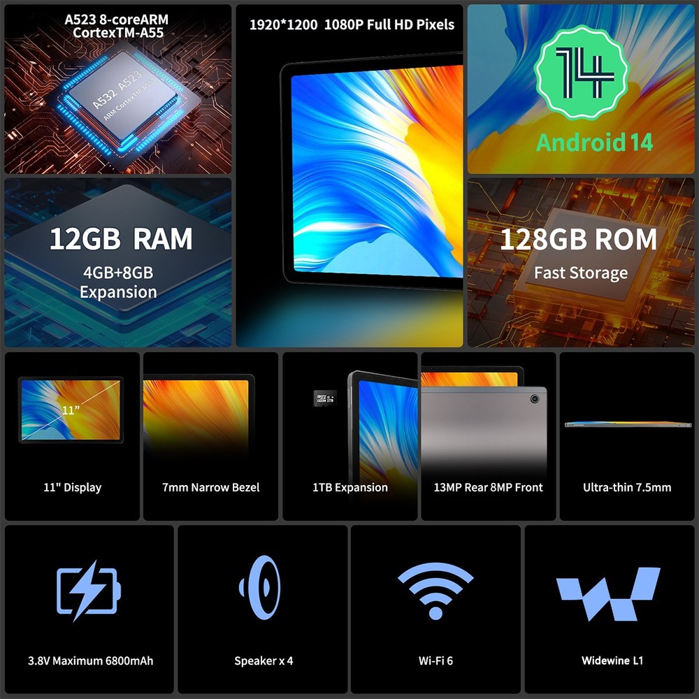 11 inch Android 14 Tablets HD Touchscreen Octa-Core 12GB + 128GB Dual Camera