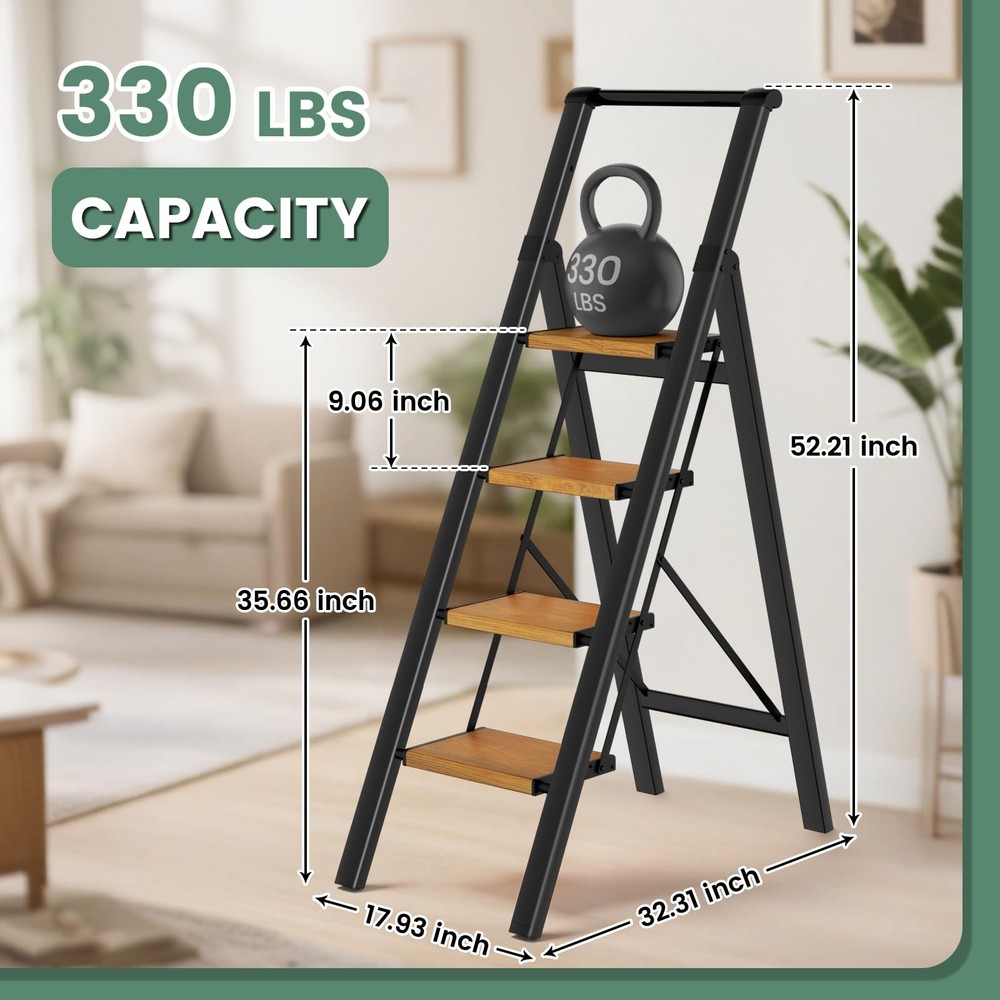 Step Ladder 4 Step Folding with Handle, Kitchen Step Stool for Adults, Alumin...
