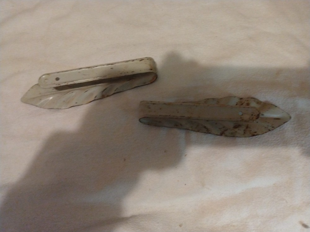 Vintage Metal Pair Curtain Tie Backs / pull backs Blue Leaf or Feather