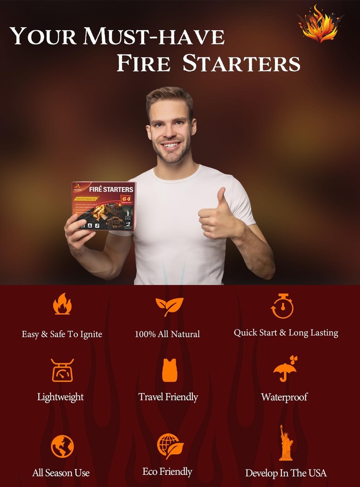 Nvkrvks Fire Starter, Easy-Burning Starter Squares for 64 Squares, Brown