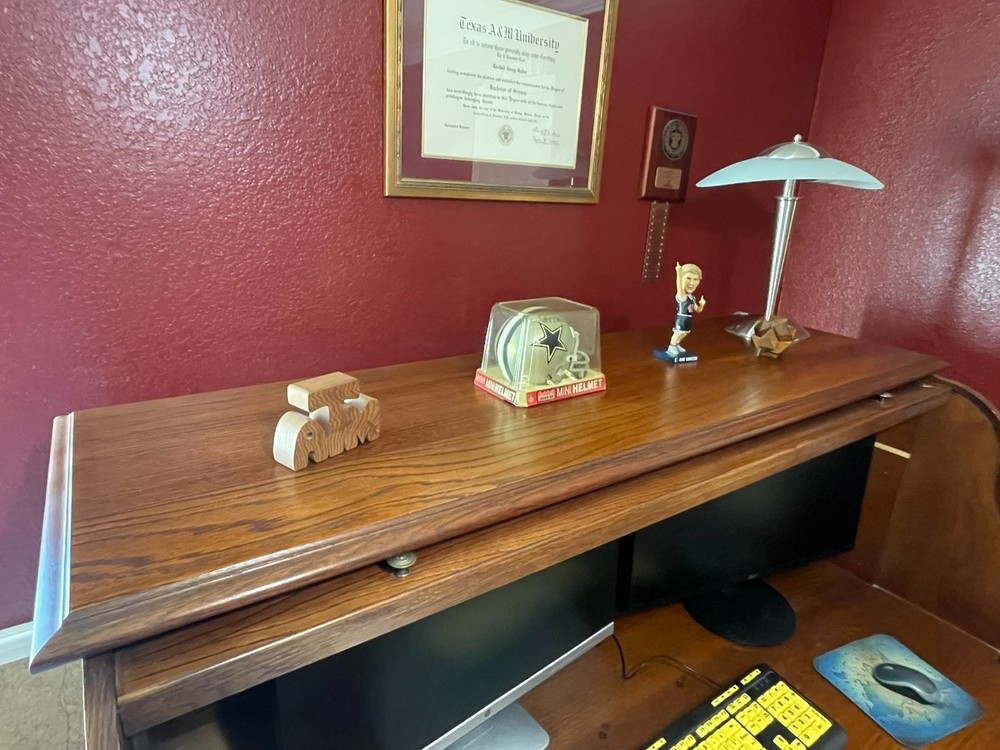 Riverside Oak Roll Top Desk with computer compartment.