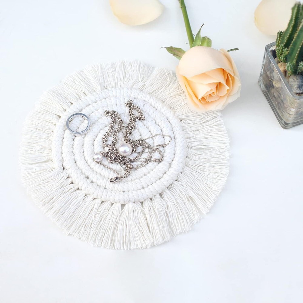 Coasters for Drinks Absorbent, Boho Wooden Table, Beige (2pcs)