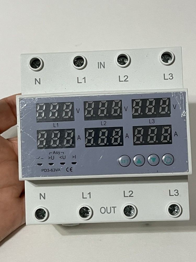 3 Phase DIN Rail Voltmeter Ammeter Auto-Overvoltage Overcurrent Protector AC 63A