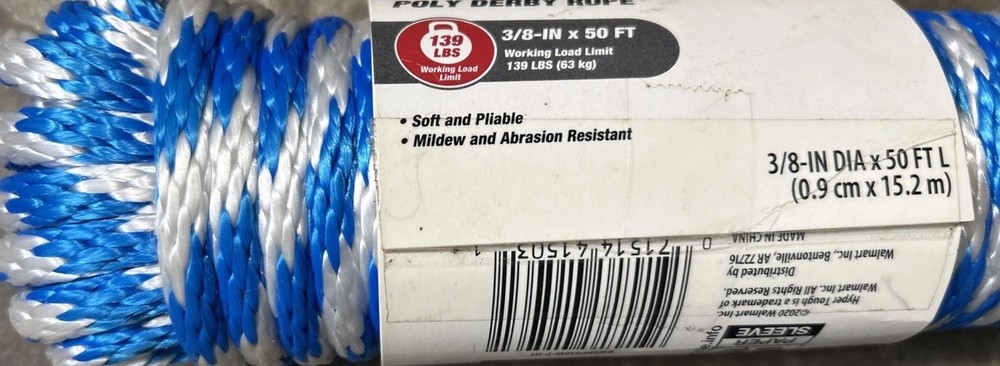 Polypropylene Solid Braid Rope, 3/8" x 50' 1 Roll New