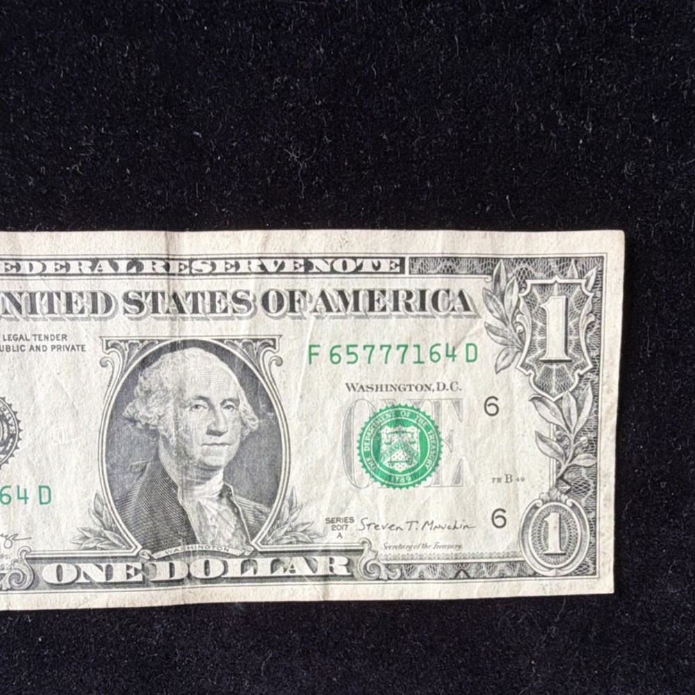 $1 US Dollar Bill Error Note F65777164D Missing Face Detail Circula
