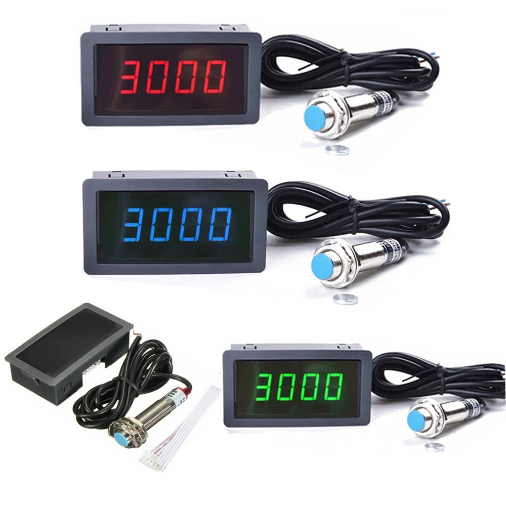 Tachometer 4 Digit LED Tach RPM Speed Meter W/ Hall Proximity Switch Sensor