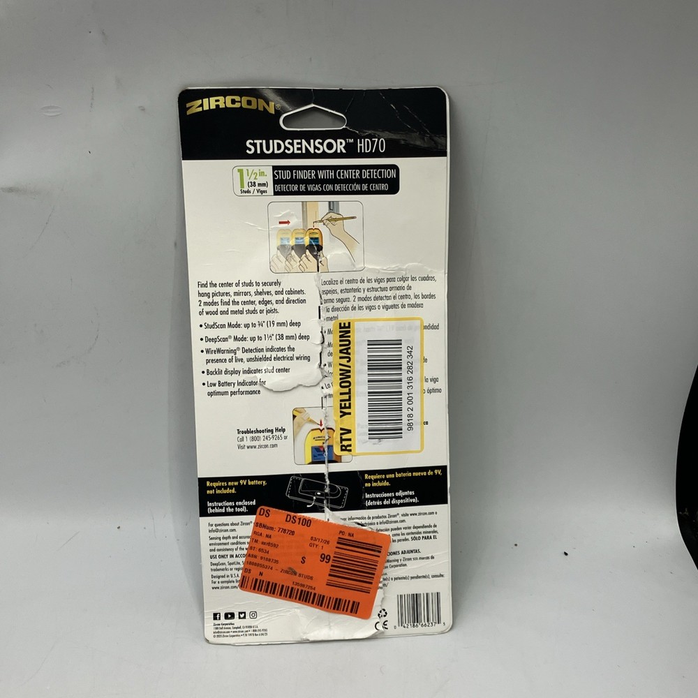 Zircon StudSensor HD70 Stud Finder LED Center Detection Wire Warning