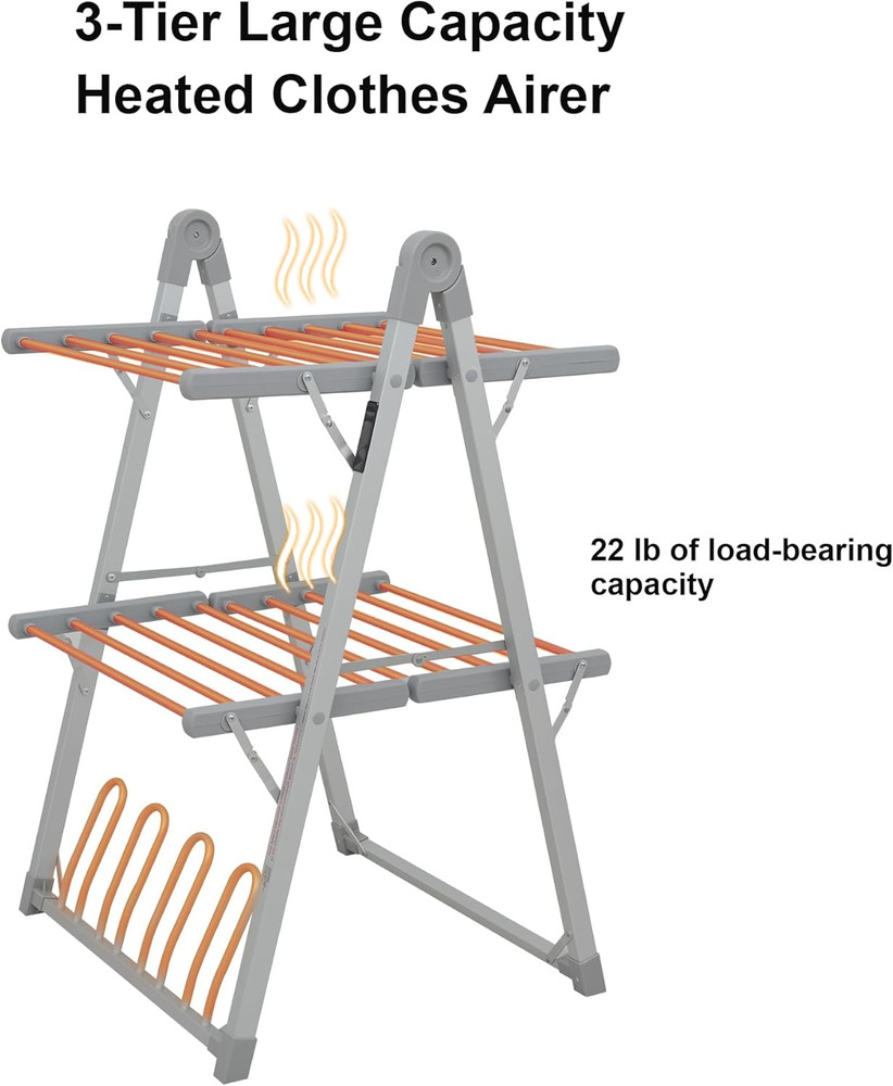 Foldable Electric Heated Clothes Drying Rack with Timer - Silver Gray