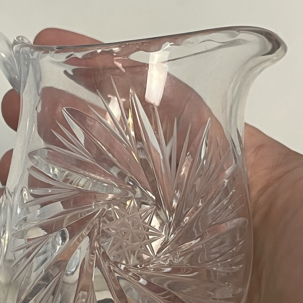 Small Unbranded Cut Crystal Creamer Pitcher Pinwheel Star Pattern Chip On Handle