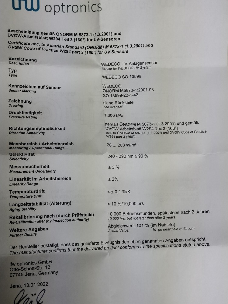 Wedeco ONORM M 5873-1-2001-03 UV Sensor NEW! Made in Germany