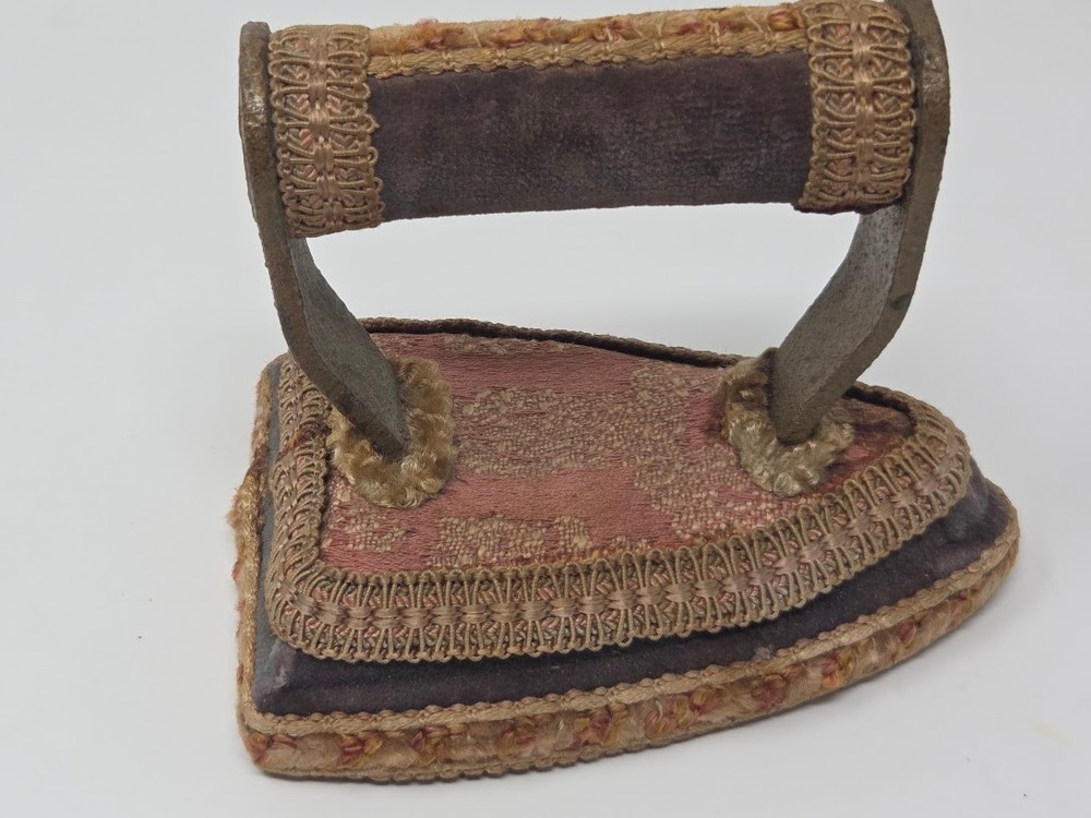 Victorian Sad Iron With Fabric Covered Base Ornate Handle Decorative