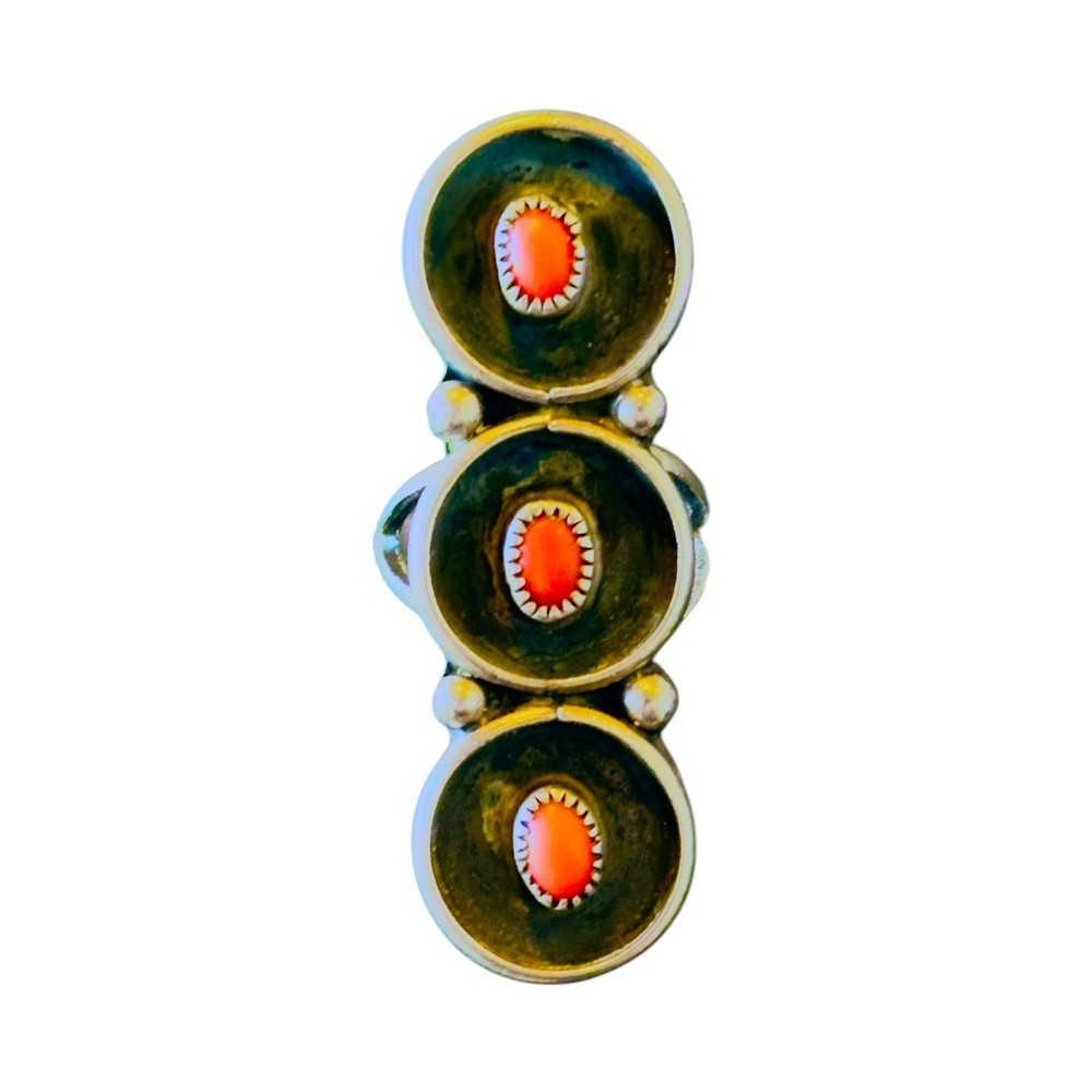 Native American Sterling Silver & Coral Split Shank Ring - Sz. 5.5