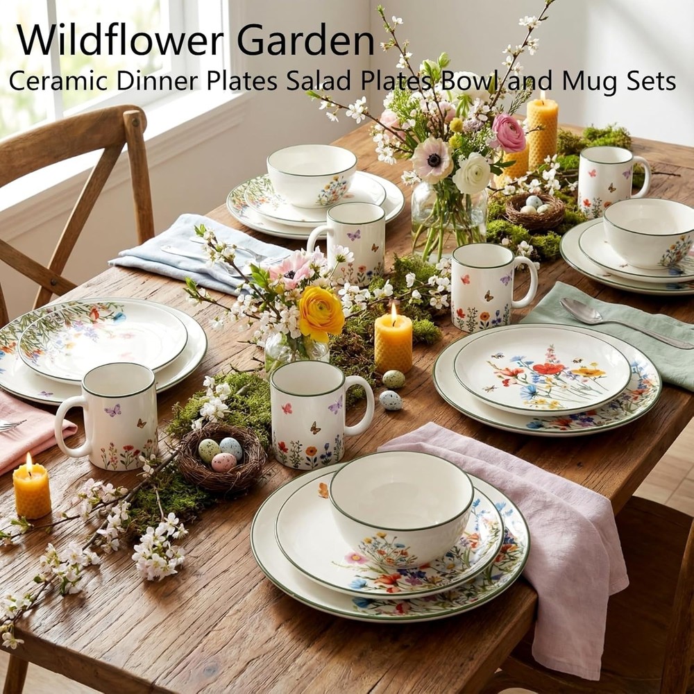 16 Pcs Wildflower Ceramic Dinnerware Set for 4 Guest Floral Dish Set Spring
