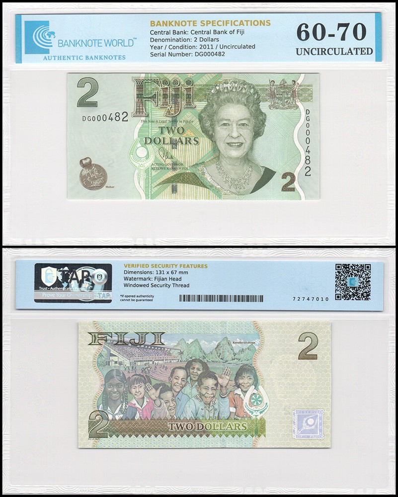Fiji 2 Dollars, 2011 ND, P-109b, UNC, Authenticated Banknote