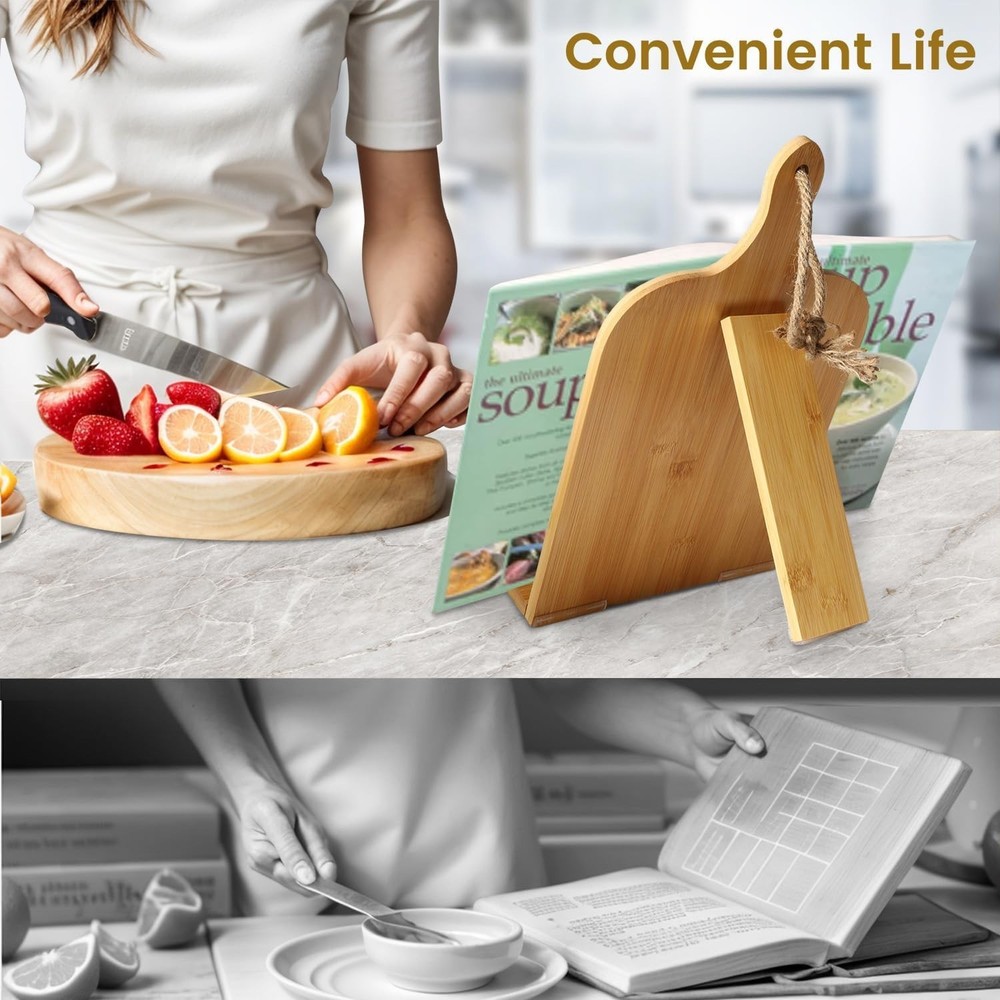 Compact Bamboo Cookbook Holder - Adjustable and Space-Saving Kitchen Essential