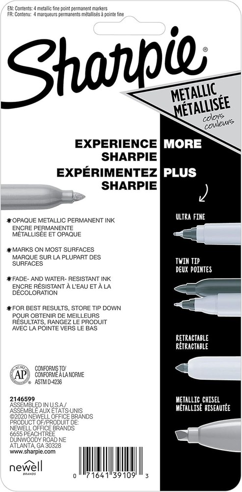 SHARPIE 39109PP Metallic Permanent Markers, Fine Point, Silver, 4 Count