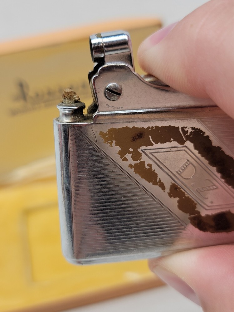 VTG RONSON ADONIS CIGARETTE LIGHTER SILVER W ORIGINAL BOX INSTRUCTIONS & BRUSH