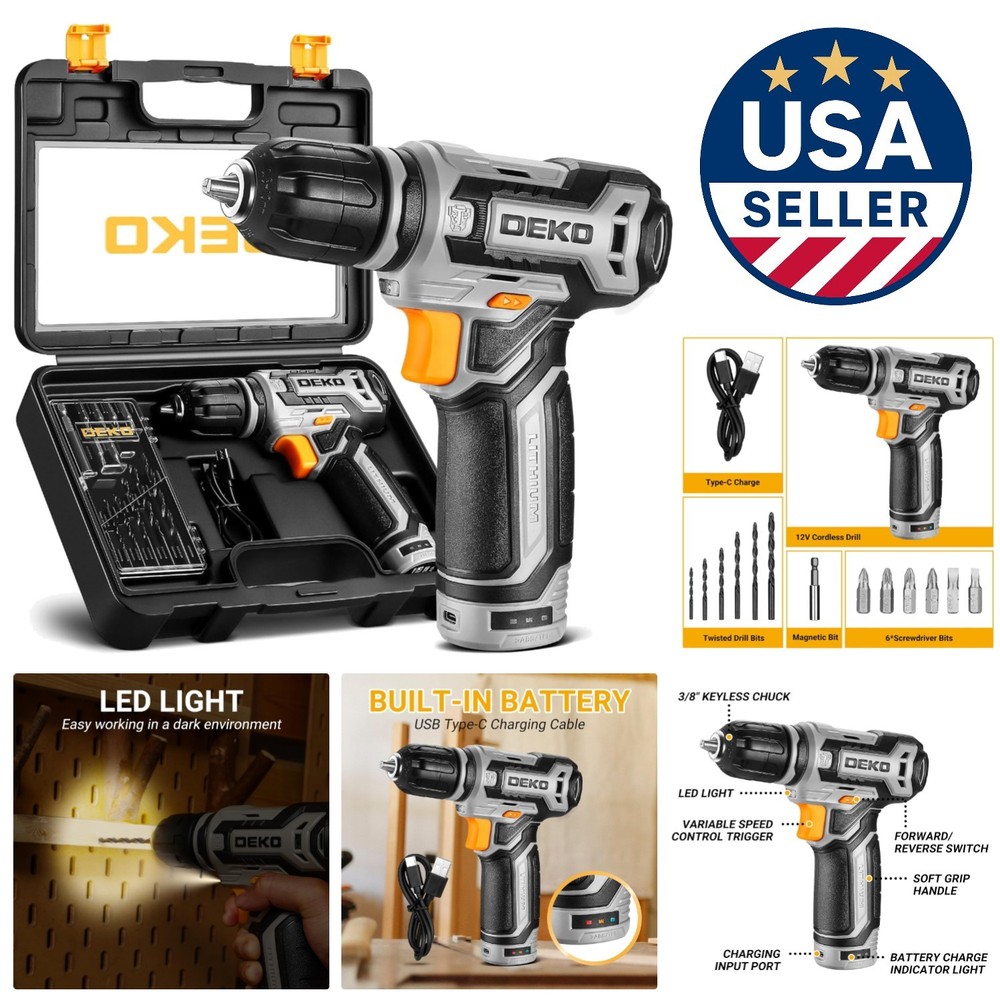 Rechargeable 12V Lithium-Ion Drill with Built-in Light & 13 Piece Accessory Set