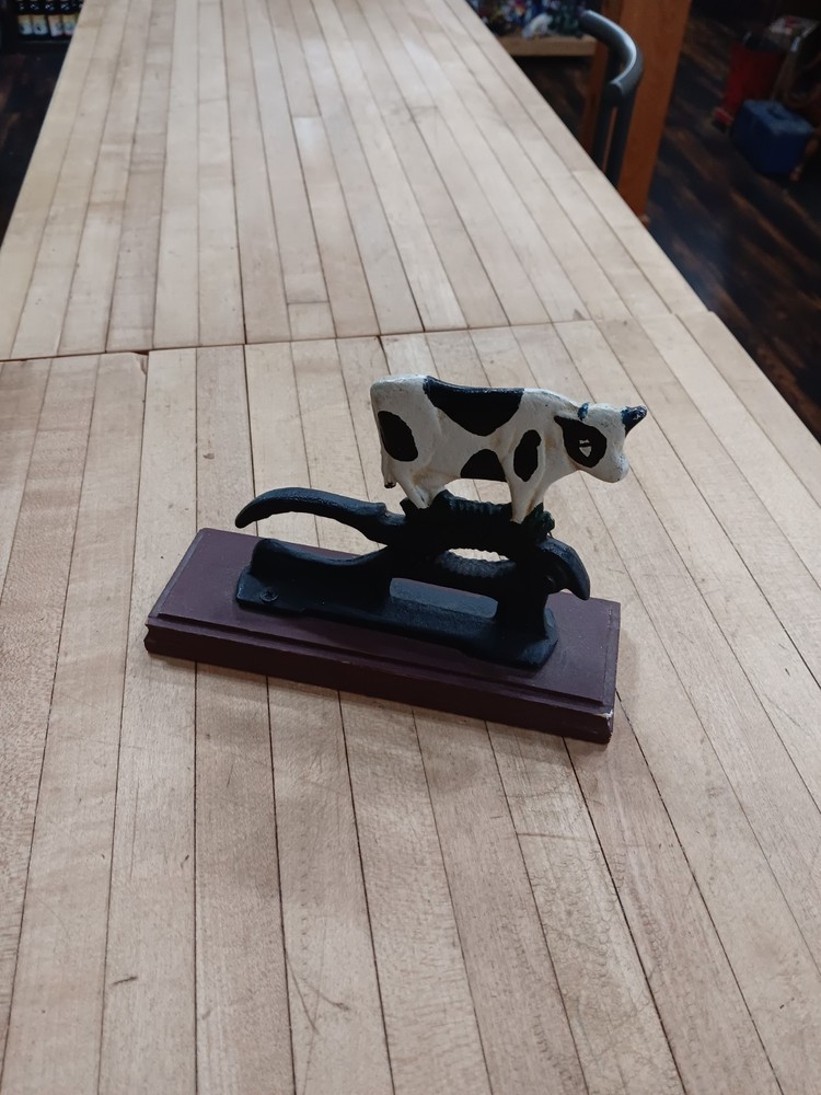 Vintage Cast Iron Cow Nutcracker on Wooden Base