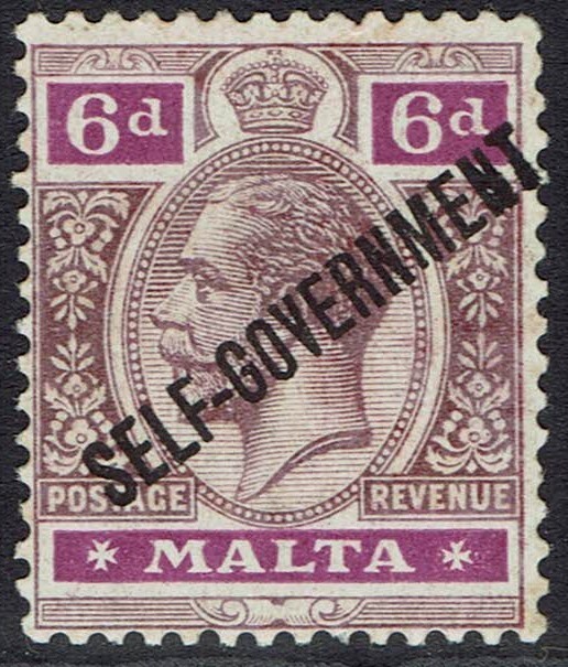 MALTA 1922 KGV SELF GOVERNMENT 6D WMK MULTI SCRIPT CA