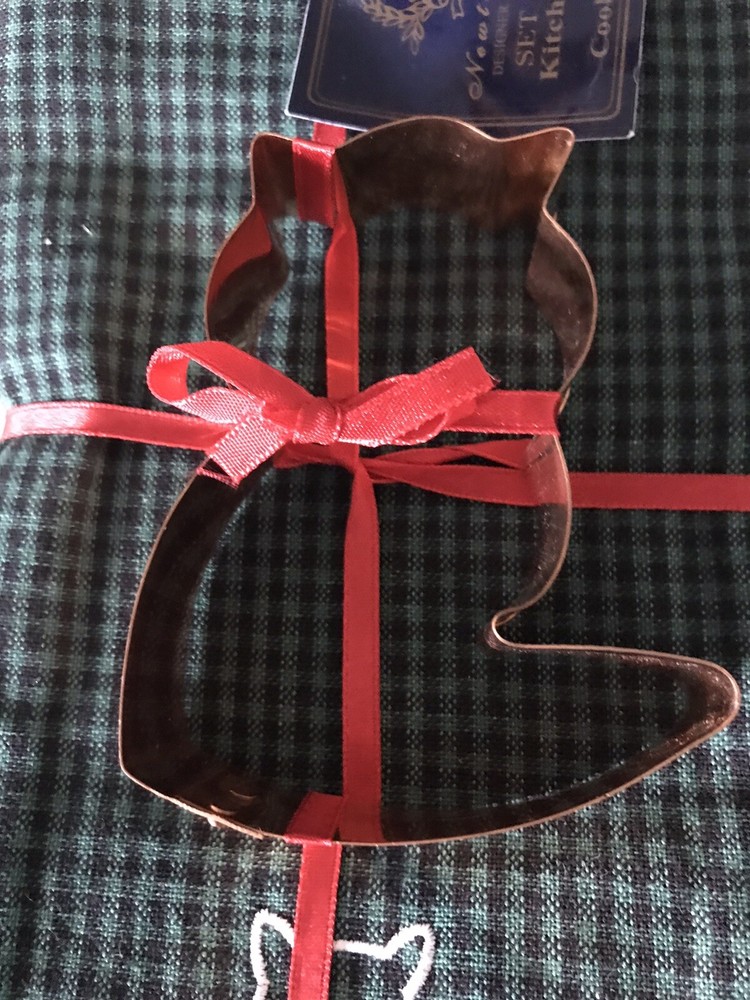Green Check And Solid Green Kitchen Towels With CAT Motif & Copper Cookie Cutter