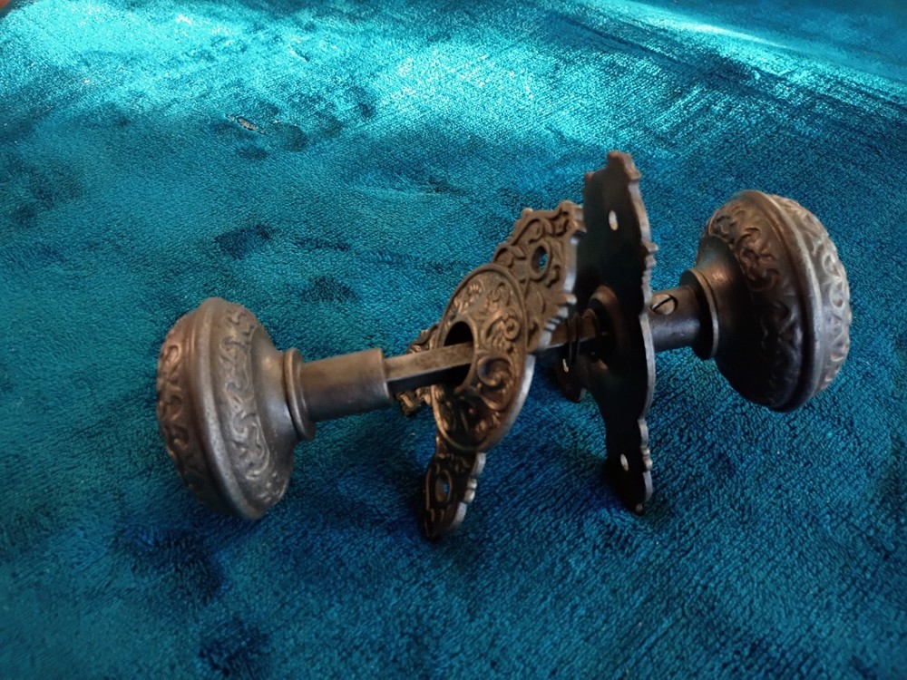 Antique Cast Iron Door Knobs & Back Plates Set .