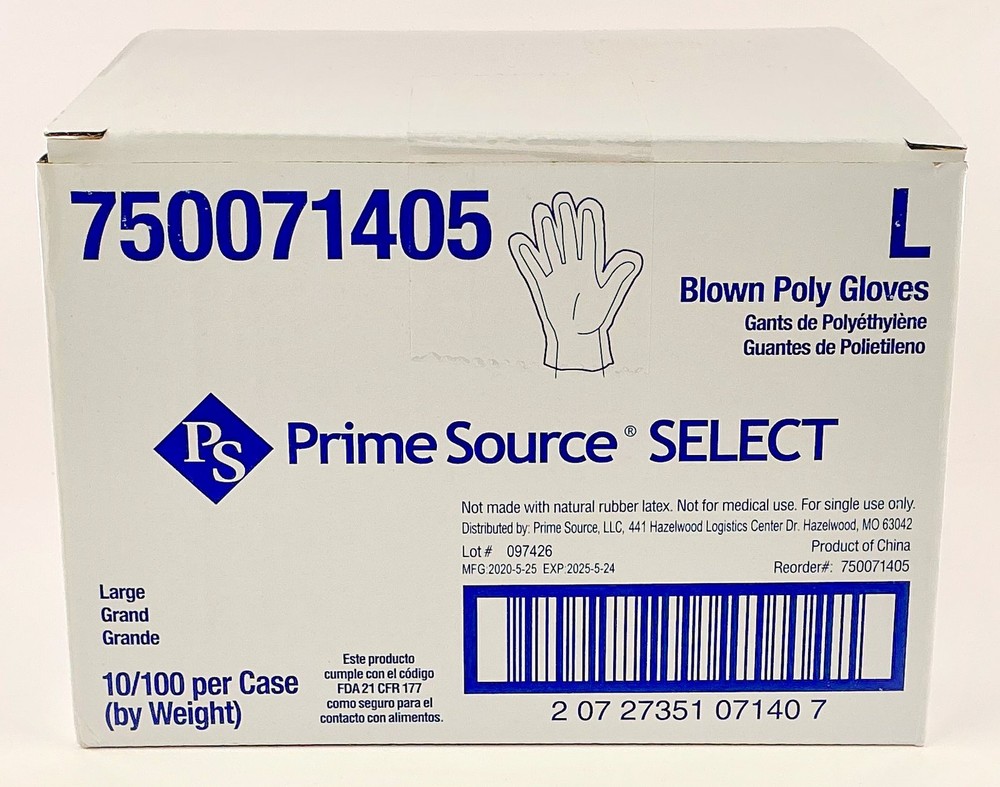 Prime Source Select Blown Poly Gloves 0.6 Mil Powder Free Clear Large 1000/Box
