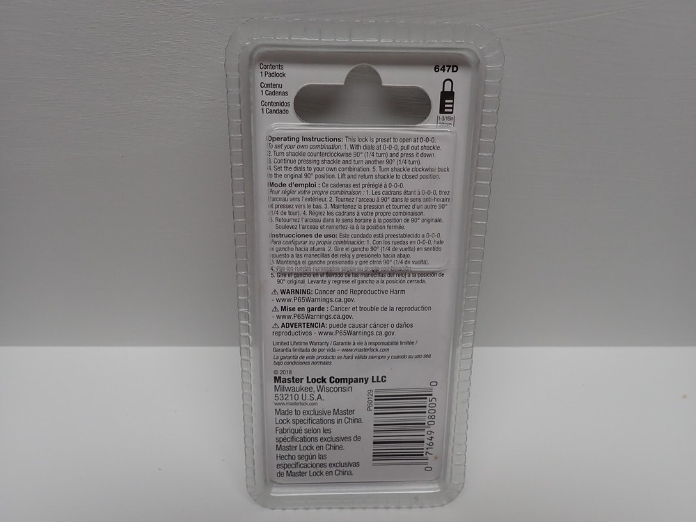 Master Lock Combination Luggage Padlock Resettable Combination 647D