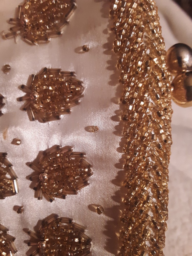 Vintage Gold Beeded Folding Clutch, Ball Snap, Silk material