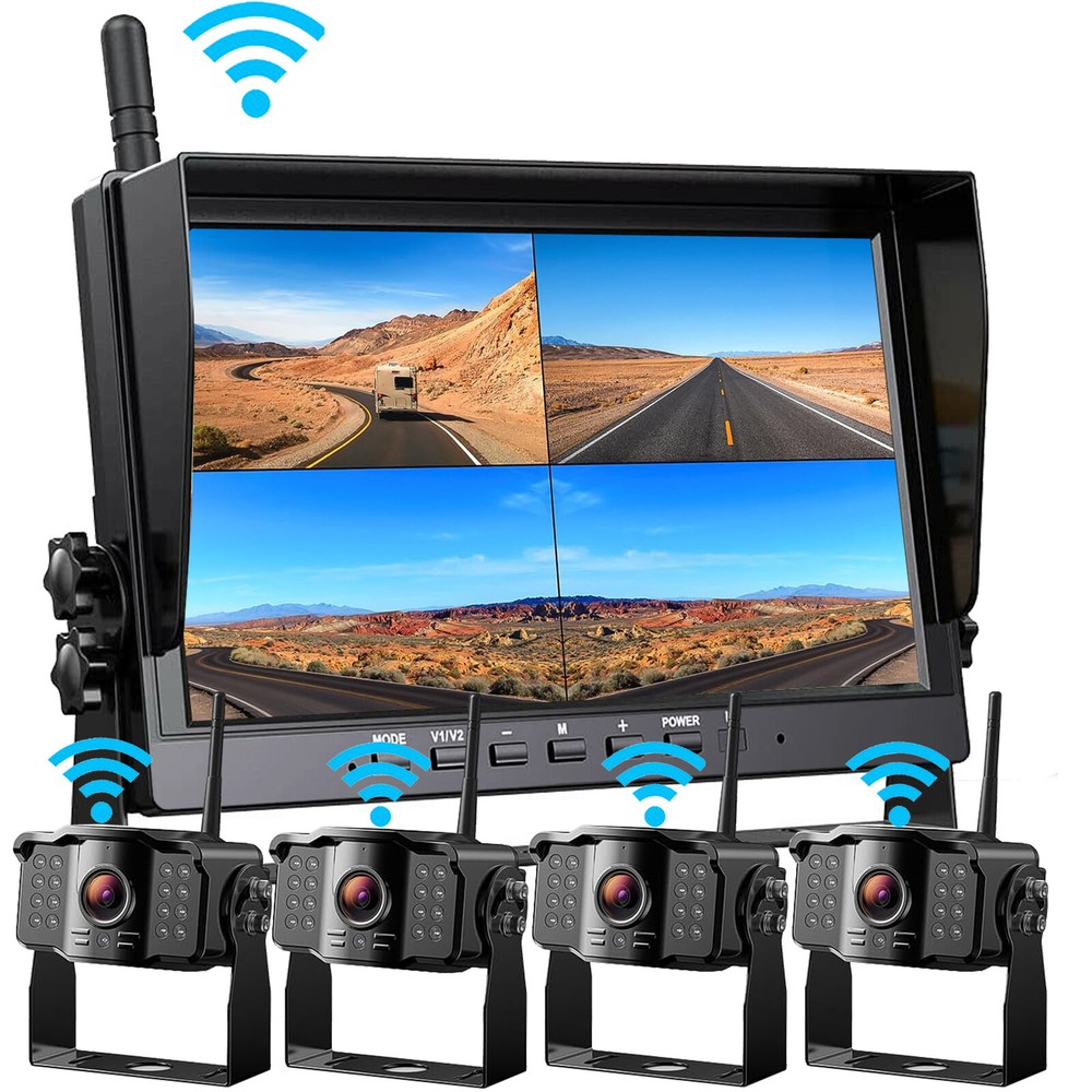 1080P Wireless RV Backup Camera System 10.1'' DVR Quad Monitor for Truck/Trailer