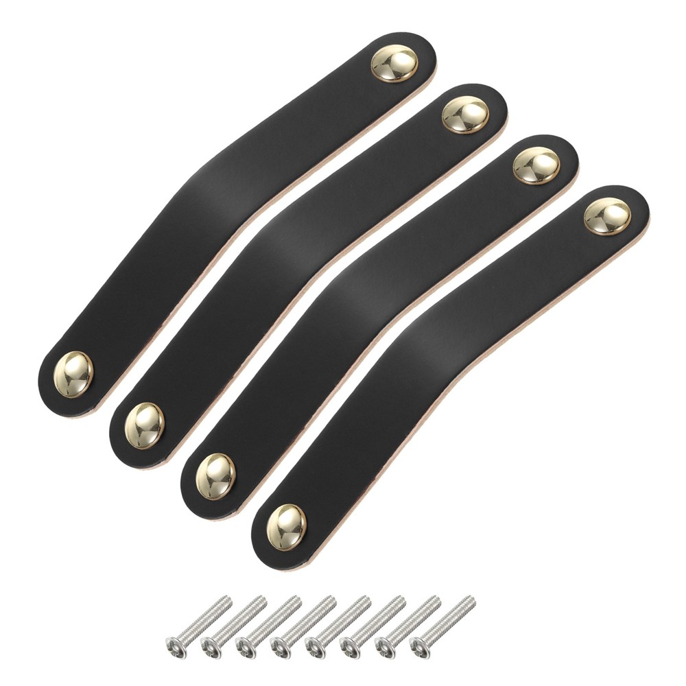 4 Packs Leather Drawer Pulls Double Hole Knobs, Black/Gold(Hole Spacing:128mm)