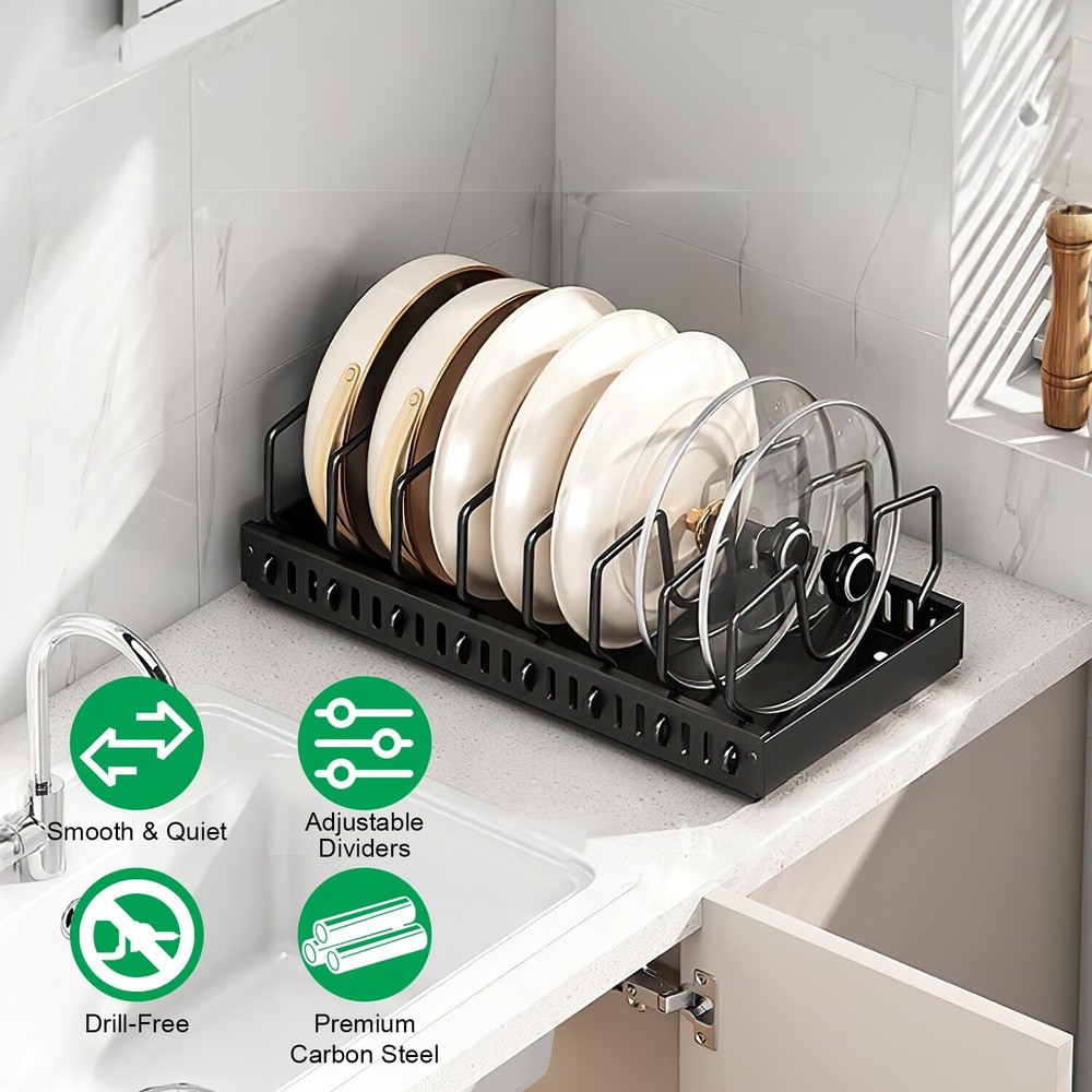 Pots and Pans Pot Lid Holder Pull out Storage Rack Kitchen Cabinet Organizer