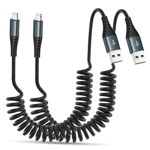 Coiled Lightning Cable 2 Pack MFi Certified Car iPhone Charger Cable，USB 3FT