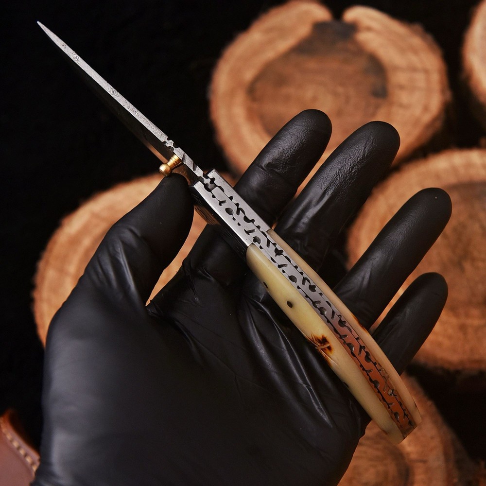 Custom Made Folding Blade Pocket Knife Camel Bone Handle