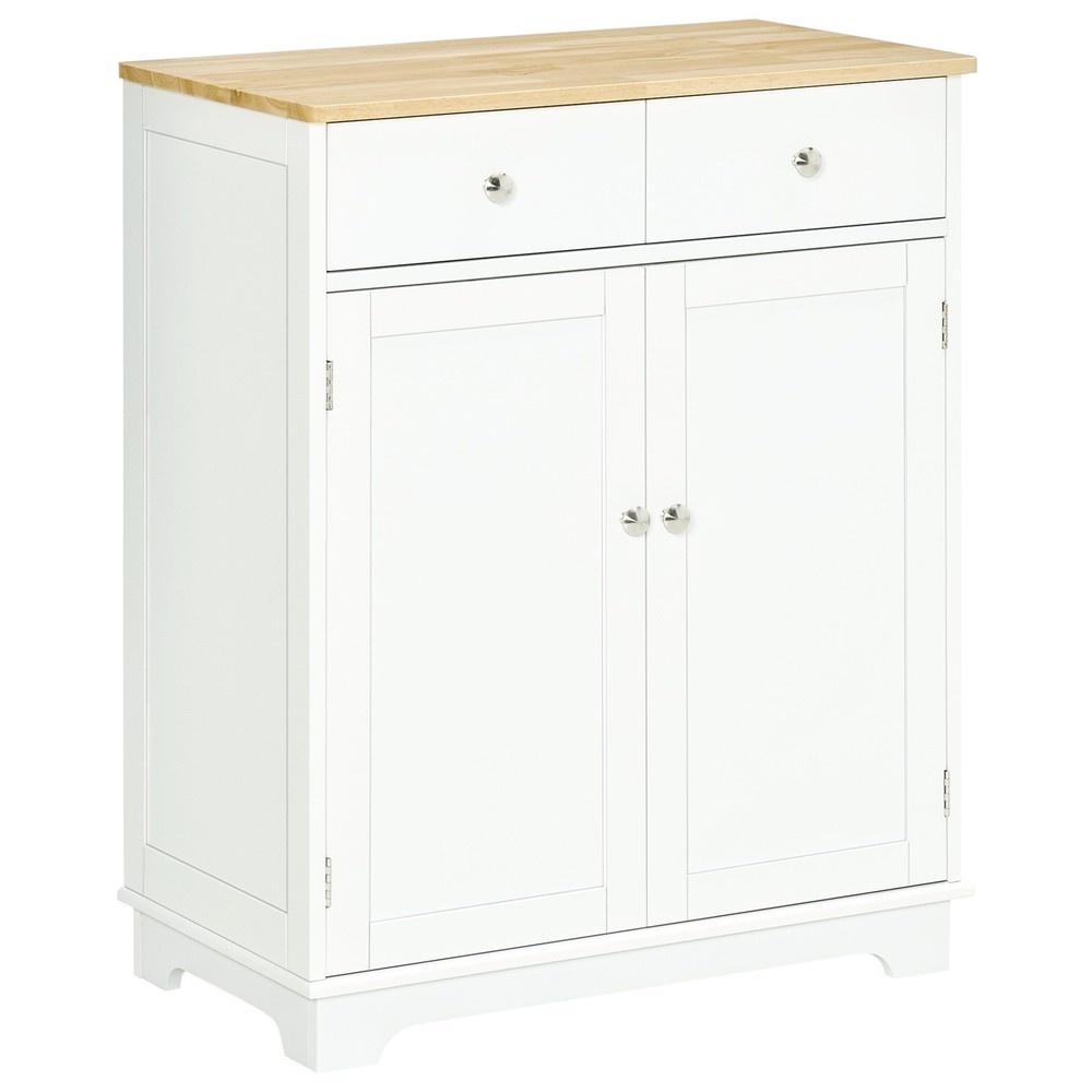 A storage cabinet with two drawers and adjustable shelves