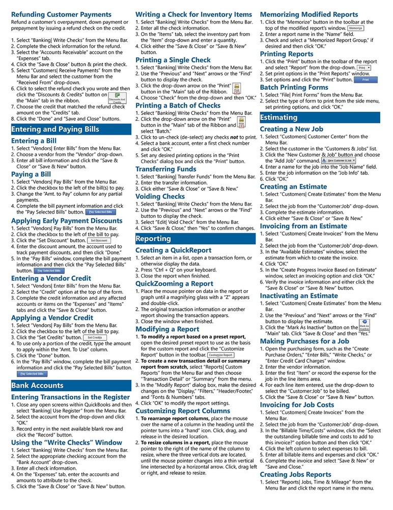 QuickBooks Pro 2018 Training Guide Quick Reference Card 4 Page Cheat Sheet