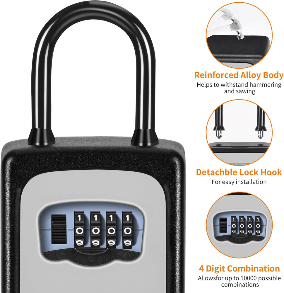 Portable Key Lock Box | 4-Digit Resettable Code | Wall Mount | Gray