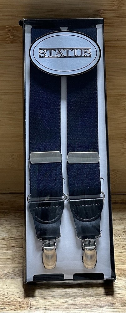 Status X Long Drop Clip Suspenders Navy Elastic Nickel Hardware
