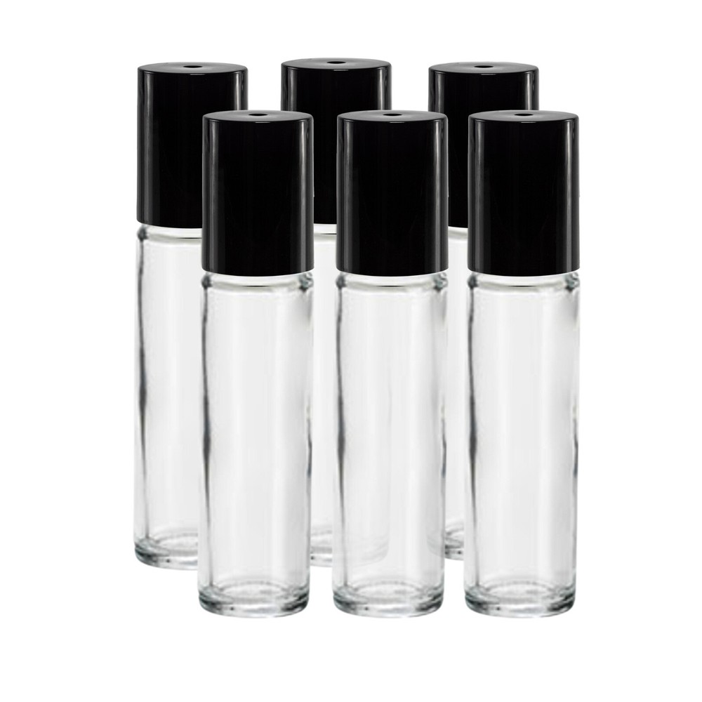 6 Refillable 10ML. Roll on Kit, Glass Container with Plastic Roller Ball Black
