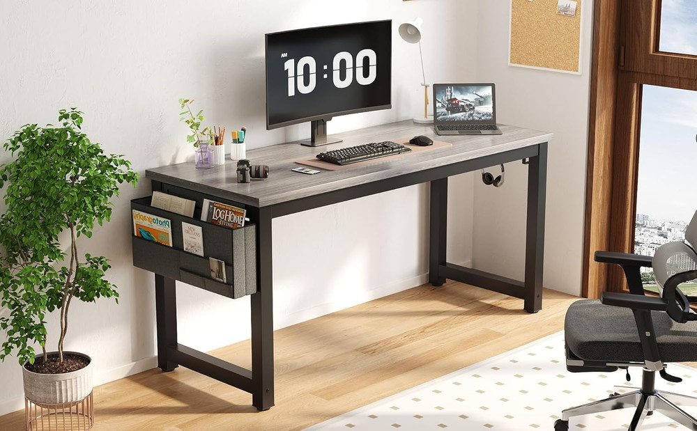63" Modern Large Computer Desk with Storage & Headphone Hooks - Grey