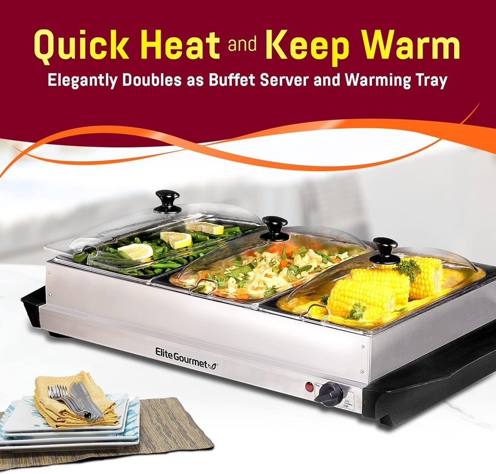 Buffet Server with Clear Lids & Temp Control - 3 Trays, Perfect for Holidays
