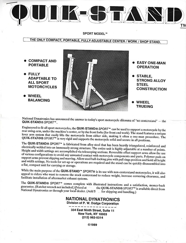 Quik-Stand Compact, Portable Adjustable Motorcycle Stand