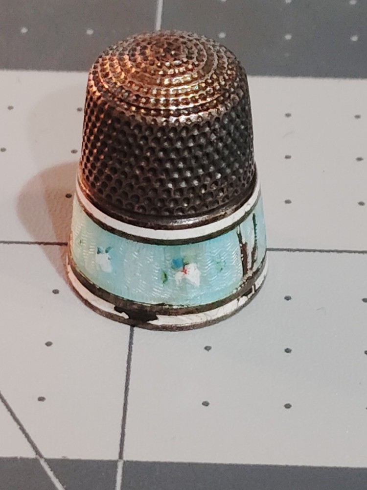 Antique Sterling Silver & Enamel Thimble Color Blue And White