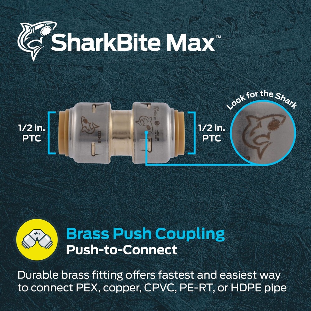SharkBite Max 1/2" Push Fit Coupling UR008A Brass Pipe Connector Copper PEX