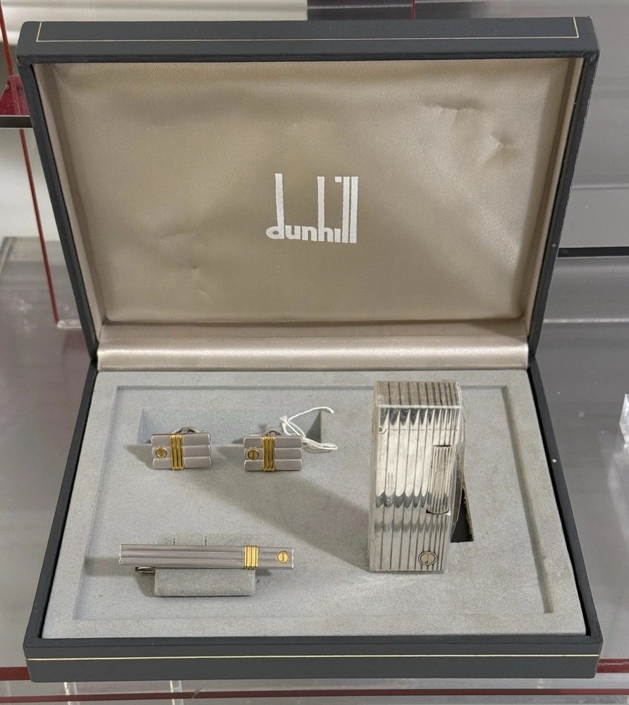 Vintage Dunhill Silver-Plated Vertical Line Lighter with Matching Accessories