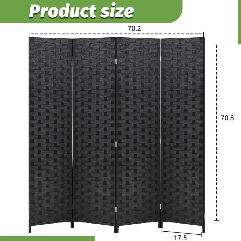 Versatile 4-Panel Folding Wood Divider | Modern Coal Black Woven Privacy Screen