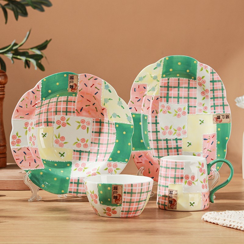 Colorful Patchwork Ceramic Dinner Plate 8.86'' Decorative Serving Dish