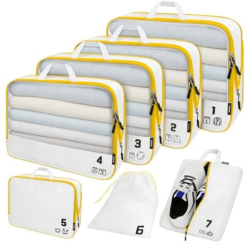 7 Set Compression Packing Cubes Travel Accessories Expandable Packing White