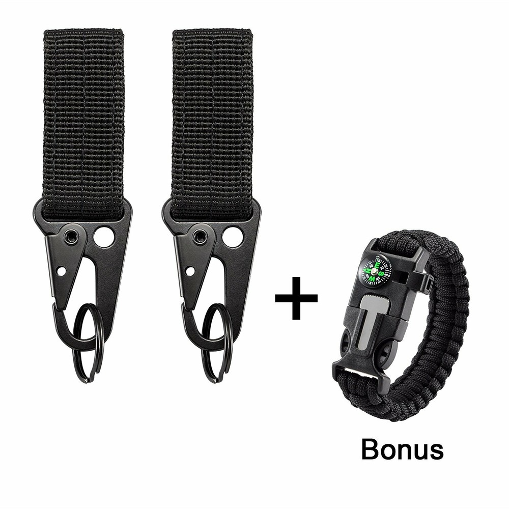 2 Black Nylon Tactical Key Rings for Molle Type Pack with Fire Starter Tool