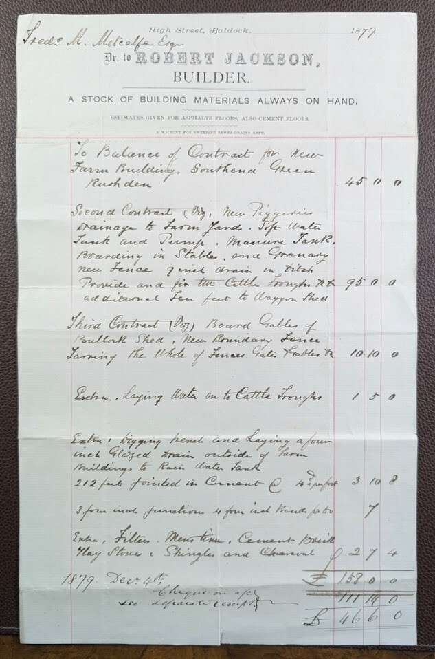 1879 Robert Jackson, Builder, Baldock Invoice Southend Green Rushden Farm